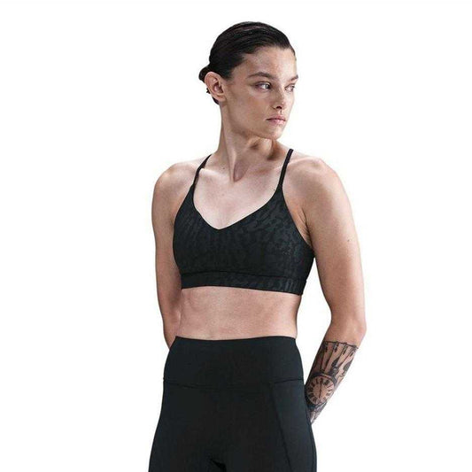 Black-Anthracite-Smoke Grey - Front - Nike Womens-Ladies Indy Leopard Print Sports Bra
