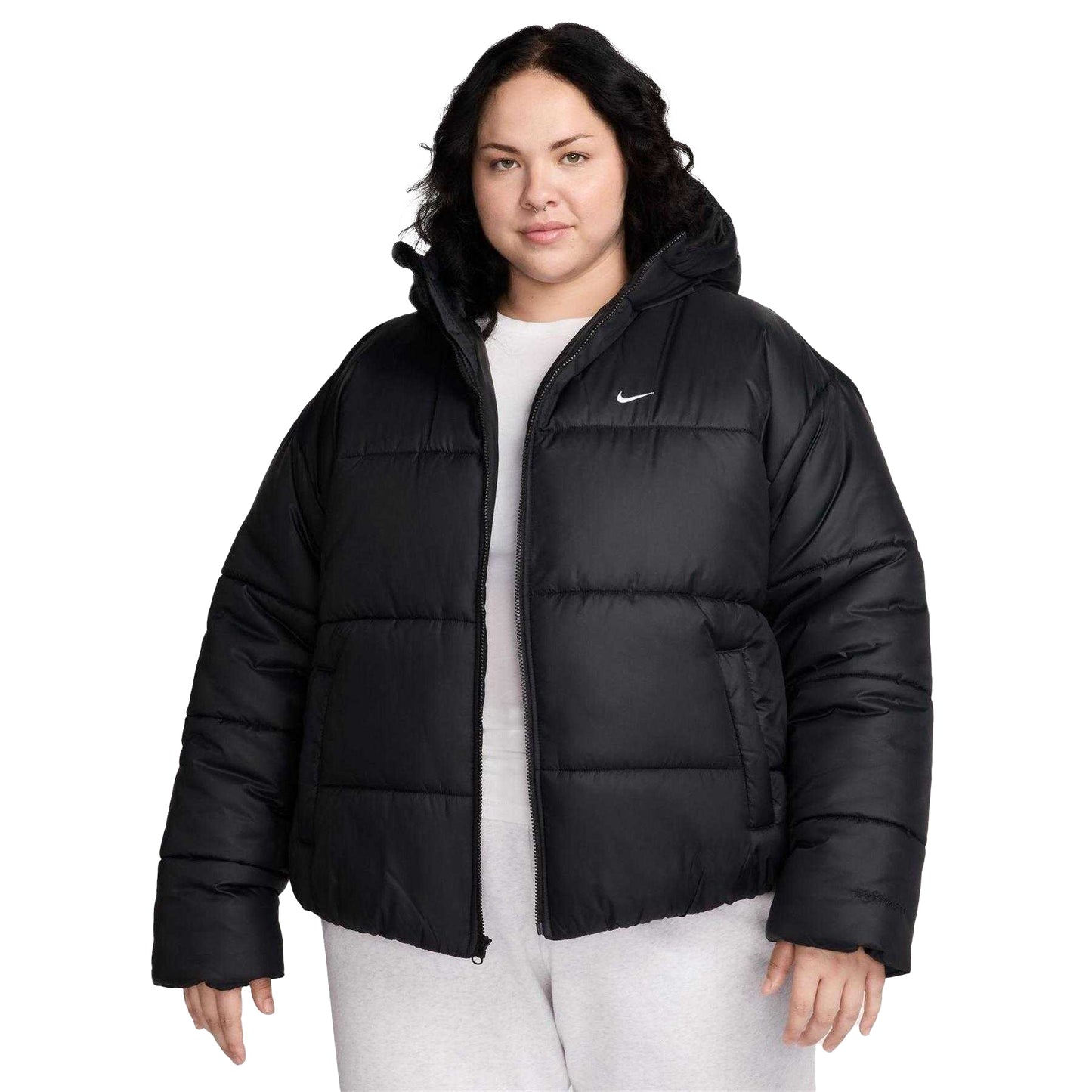 Black-White - Front - Nike Womens-Ladies Swoosh Hooded Puffer Jacket
