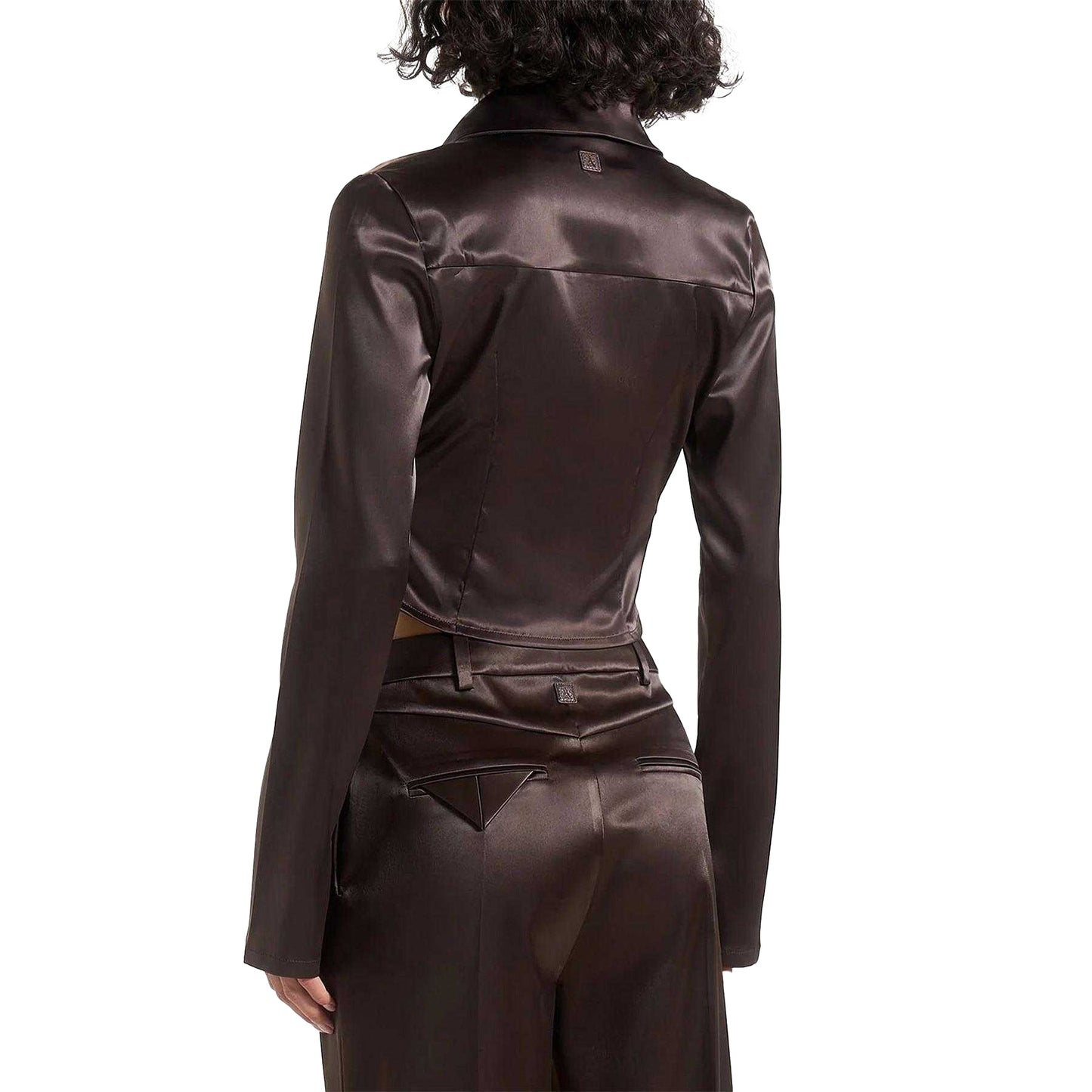 Brown - Back - Maniere De Voir Womens-Ladies Chain Detail Satin Cowl Neck Shirt