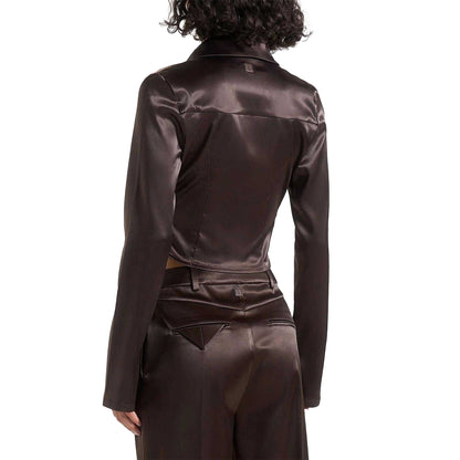 Brown - Back - Maniere De Voir Womens-Ladies Chain Detail Satin Cowl Neck Shirt