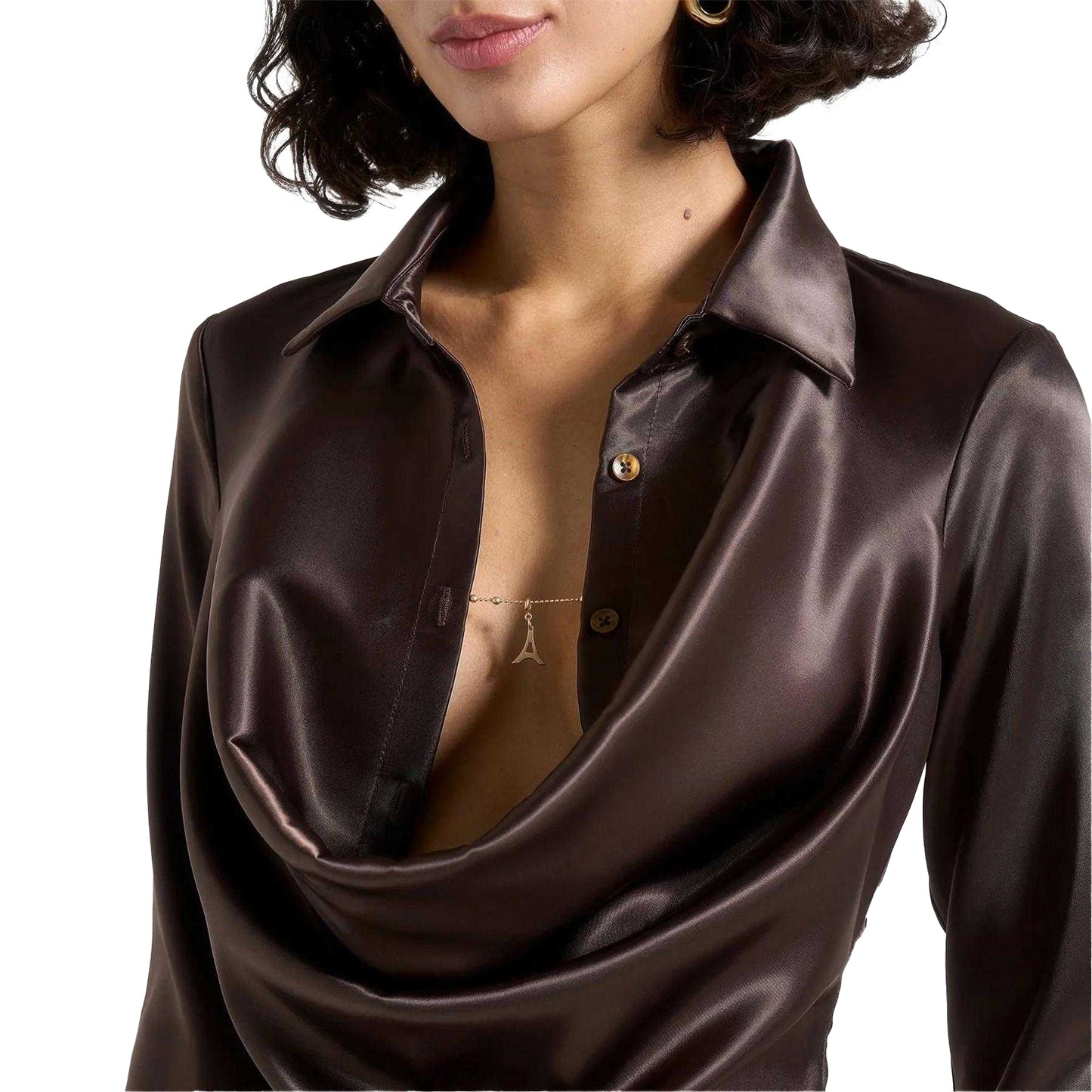 Brown - Side - Maniere De Voir Womens-Ladies Chain Detail Satin Cowl Neck Shirt