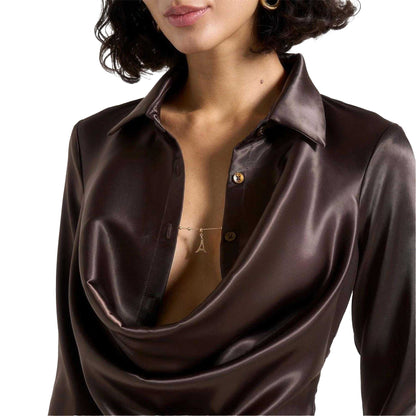 Brown - Side - Maniere De Voir Womens-Ladies Chain Detail Satin Cowl Neck Shirt