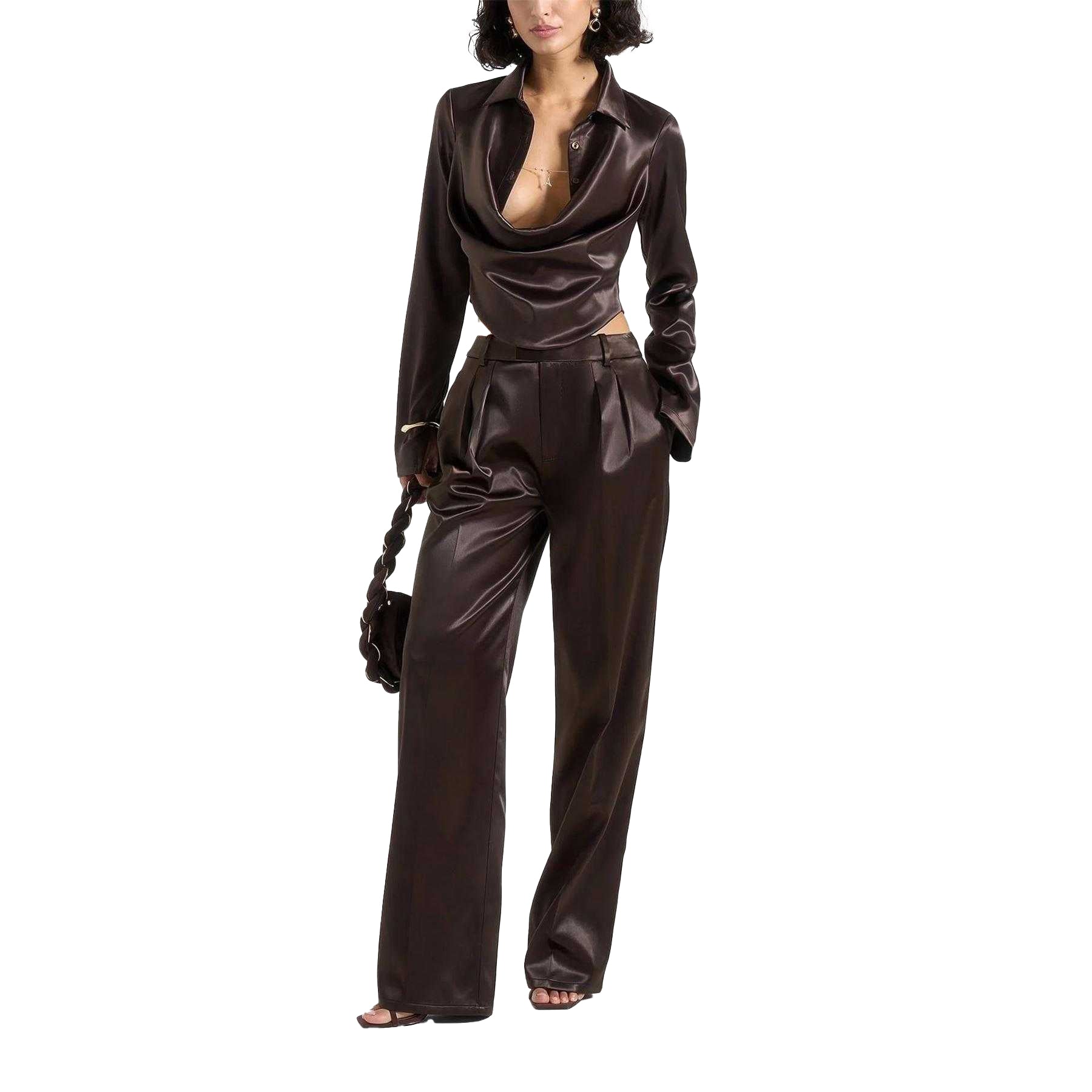 Brown - Pack Shot - Maniere De Voir Womens-Ladies Chain Detail Satin Cowl Neck Shirt