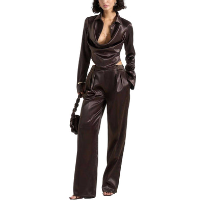Brown - Pack Shot - Maniere De Voir Womens-Ladies Chain Detail Satin Cowl Neck Shirt