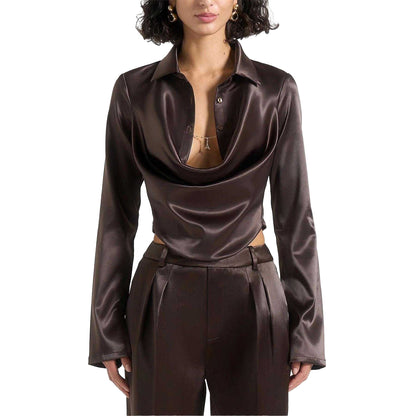 Brown - Front - Maniere De Voir Womens-Ladies Chain Detail Satin Cowl Neck Shirt