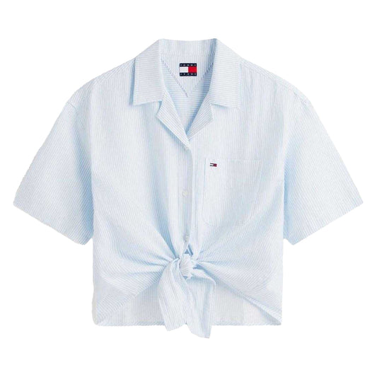 Powder Blue - Front - Tommy Jeans Womens-Ladies Striped Front Tie Short-Sleeved Shirt