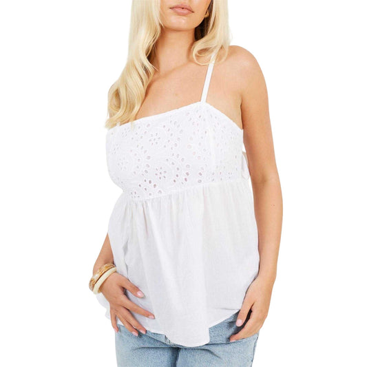 White - Front - Brave Soul Womens-Ladies Broderie Woven Flared Spaghetti Strap Vest Top