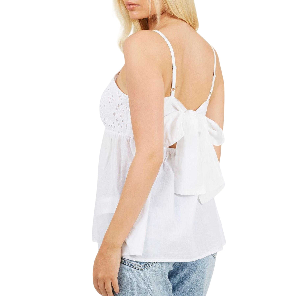 White - Back - Brave Soul Womens-Ladies Broderie Woven Flared Spaghetti Strap Vest Top