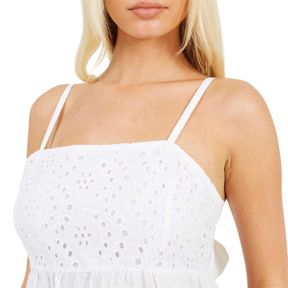 White - Side - Brave Soul Womens-Ladies Broderie Woven Flared Spaghetti Strap Vest Top