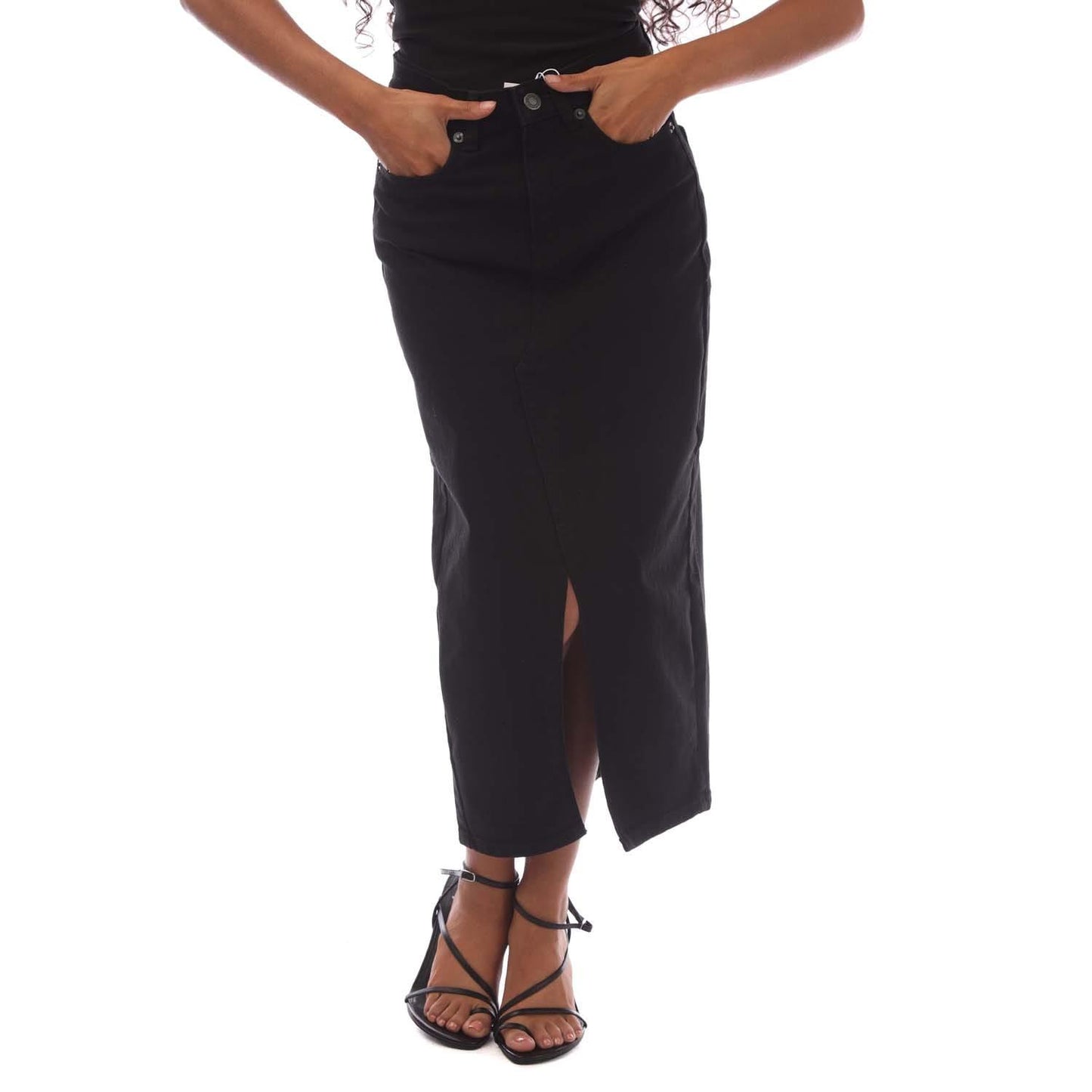 Black - Front - Only Womens-Ladies Siri Denim Midi Skirt
