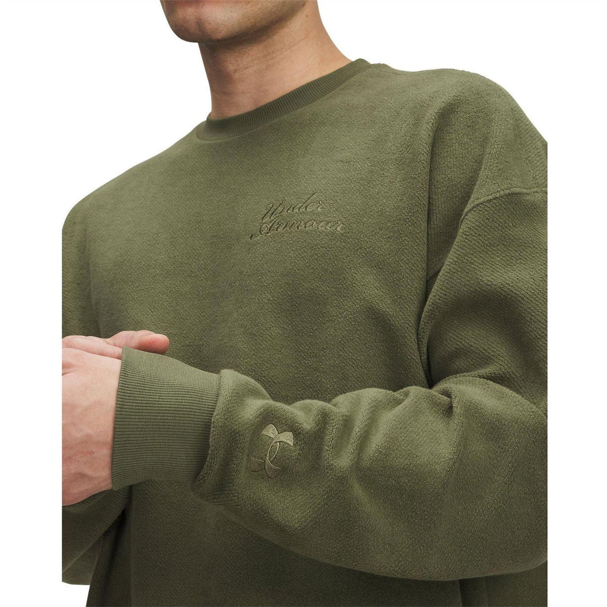Green - Side - Under Armour Mens Lettering Terrycloth Drop Shoulder Sweatshirt