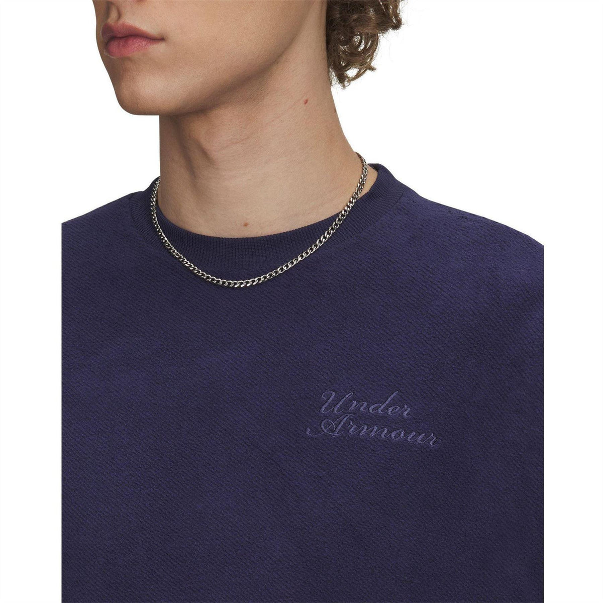 Blue - Side - Under Armour Mens Lettering Terrycloth Drop Shoulder Sweatshirt