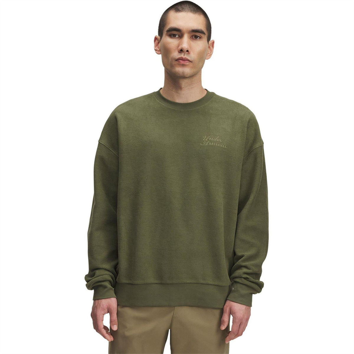 Green - Front - Under Armour Mens Lettering Terrycloth Drop Shoulder Sweatshirt