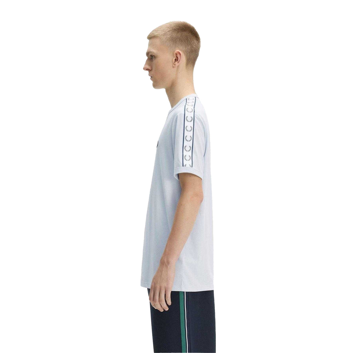 Dusky Blue - Side - Fred Perry Mens Ringer Embroidered Logo T-Shirt