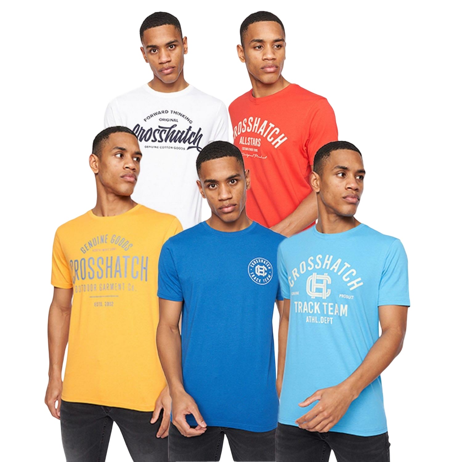 White-Red-Yellow-Royal Blue-Light Blue - Front - Crosshatch Mens Weymouth T-Shirt (Pack of 5)