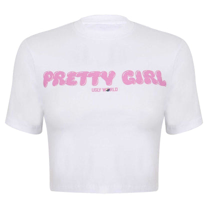 White-Pink - Front - Pretty Boy Ugly World Womens-Ladies Slim Crop Top