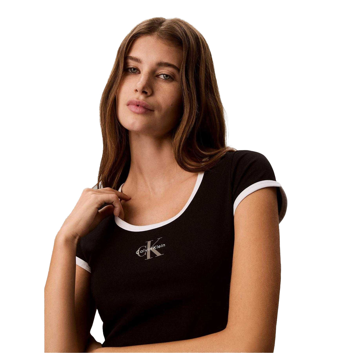 Black - Side - Calvin Klein Womens-Ladies Ringer Cropped T-Shirt