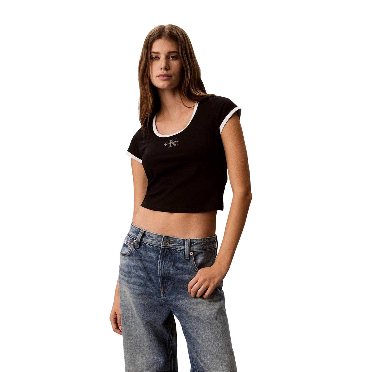 Black - Lifestyle - Calvin Klein Womens-Ladies Ringer Cropped T-Shirt