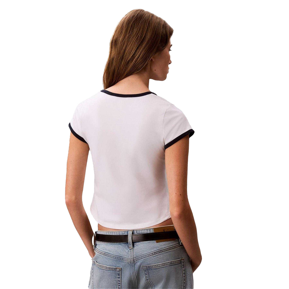 Bright White - Back - Calvin Klein Womens-Ladies Ringer Cropped T-Shirt
