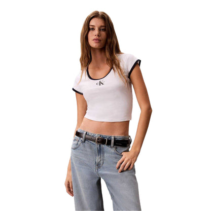 Bright White - Pack Shot - Calvin Klein Womens-Ladies Ringer Cropped T-Shirt
