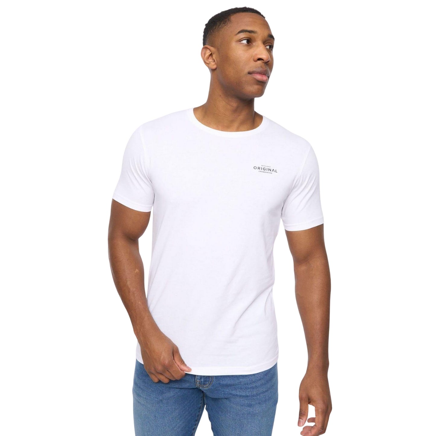 White-Navy-Denim-Blue-Grey Marl - Close up - Crosshatch Mens Basicblues T-Shirt (Pack of 5)