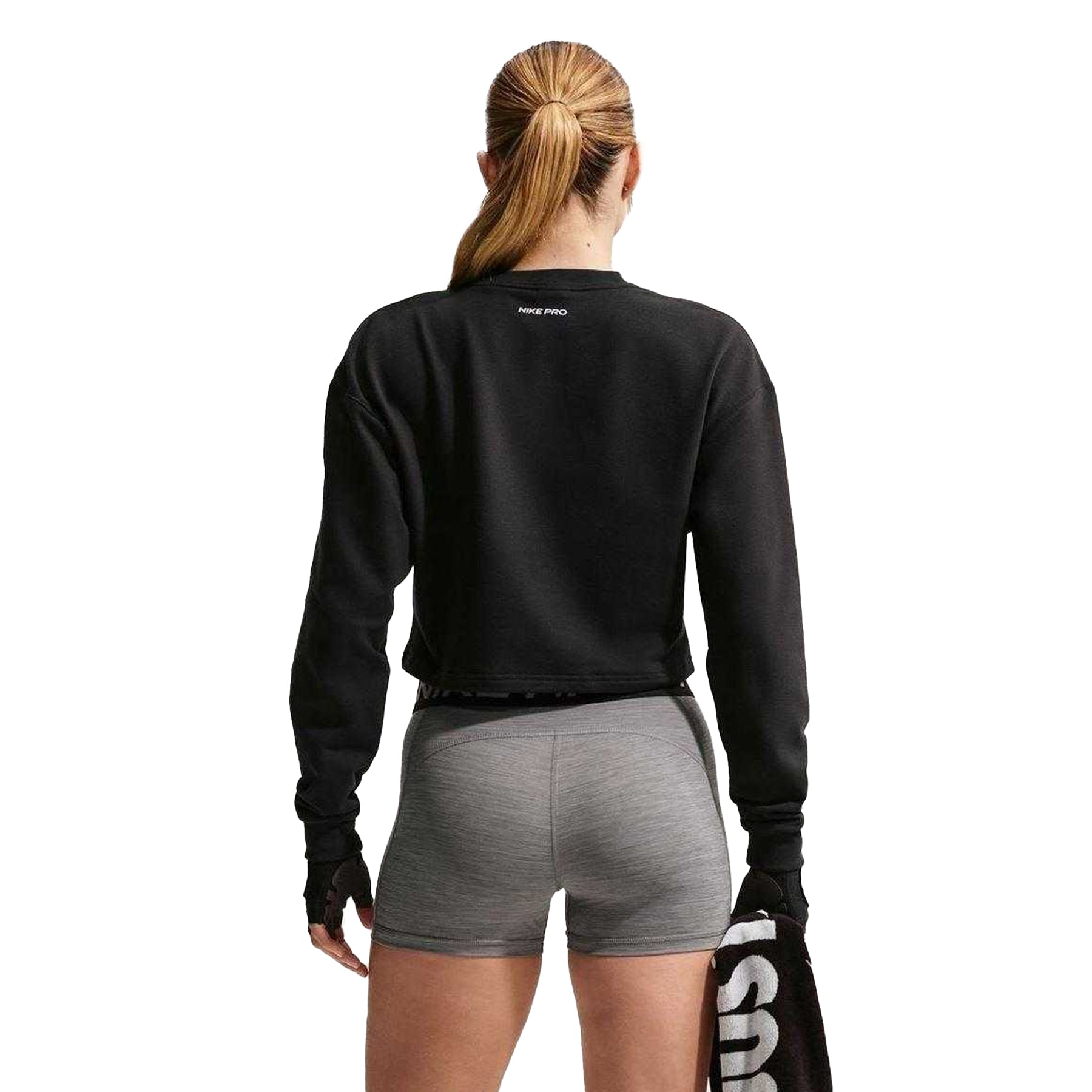 Black-Metallic - Back - Nike Womens-Ladies Pro Logo Fleece Dri-FIT Crop Sweatshirt
