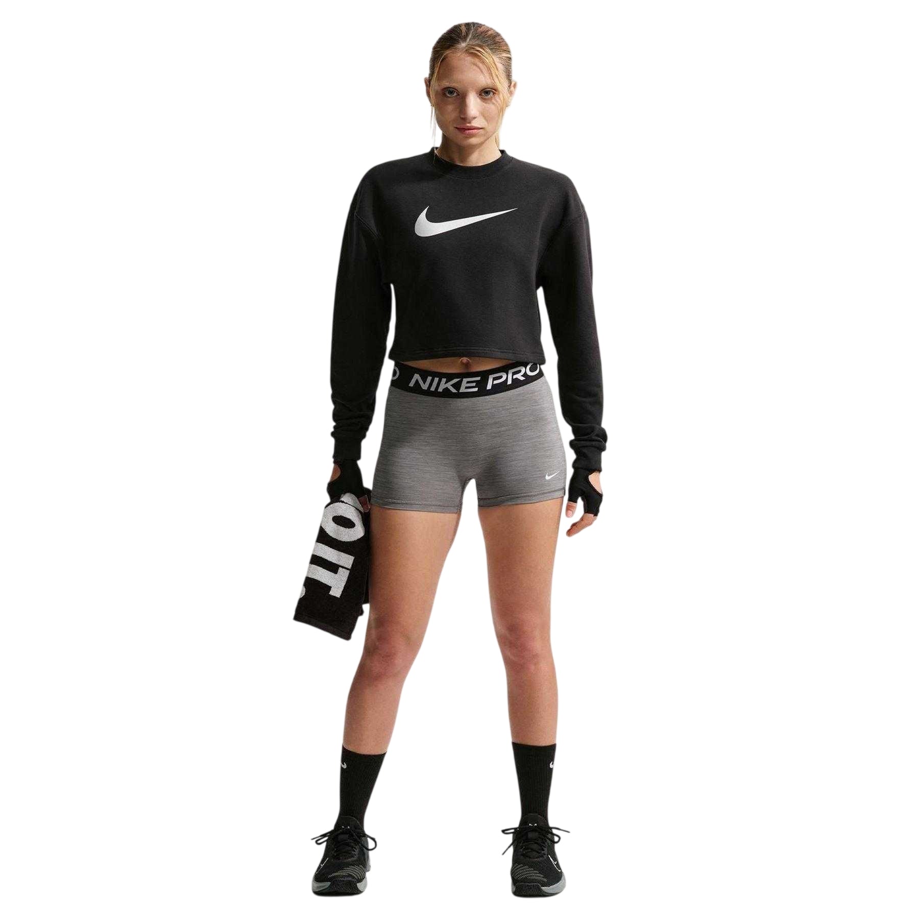 Black-Metallic - Pack Shot - Nike Womens-Ladies Pro Logo Fleece Dri-FIT Crop Sweatshirt