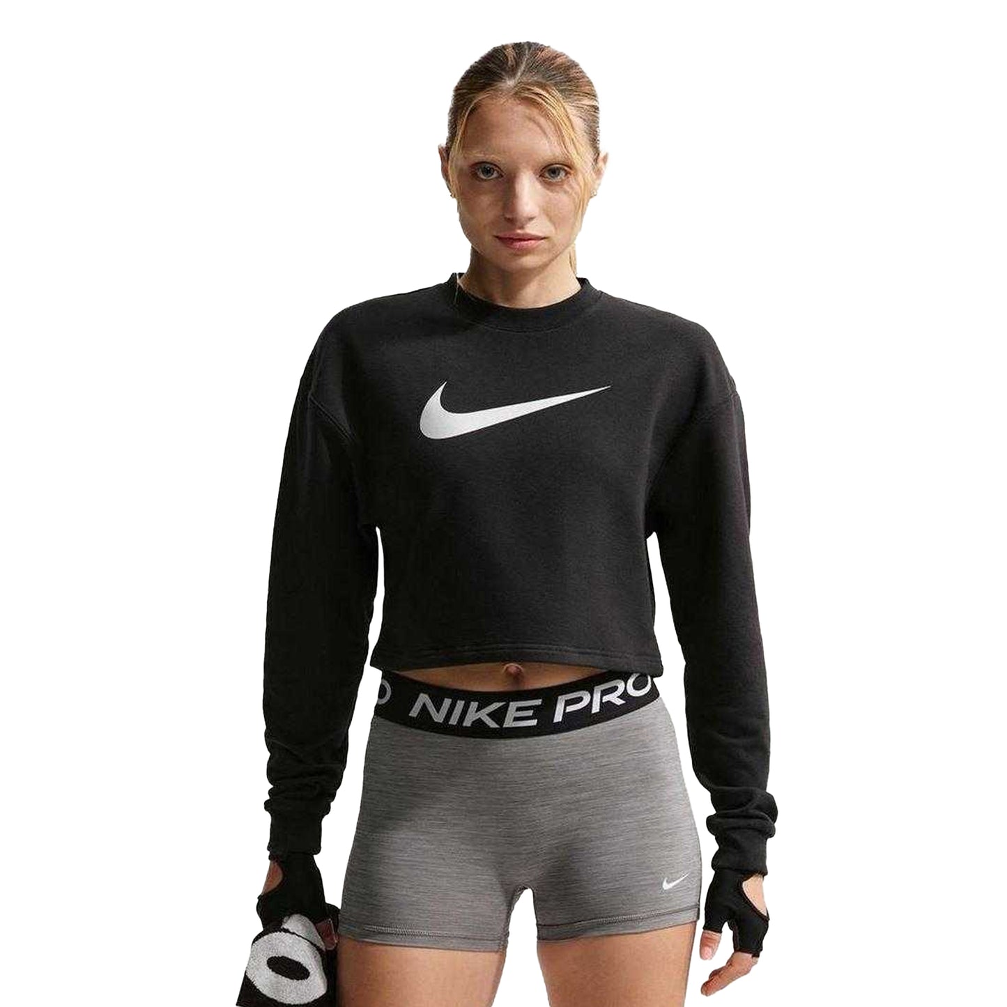 Black-Metallic - Front - Nike Womens-Ladies Pro Logo Fleece Dri-FIT Crop Sweatshirt
