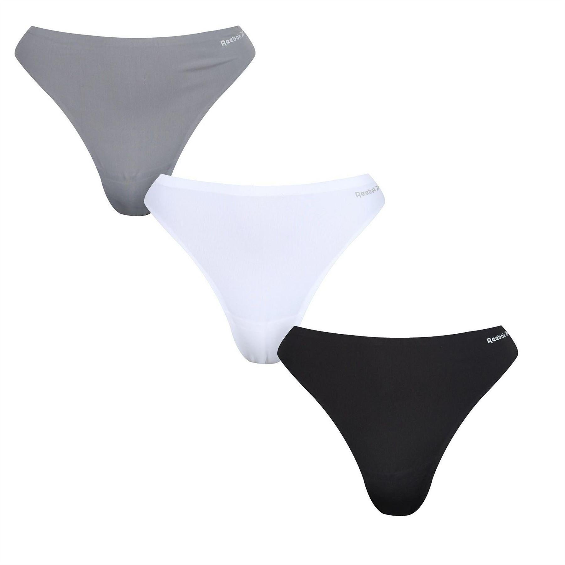Black-White-Grey - Front - Reebok Womens-Ladies Logo Thong (Pack of 3)