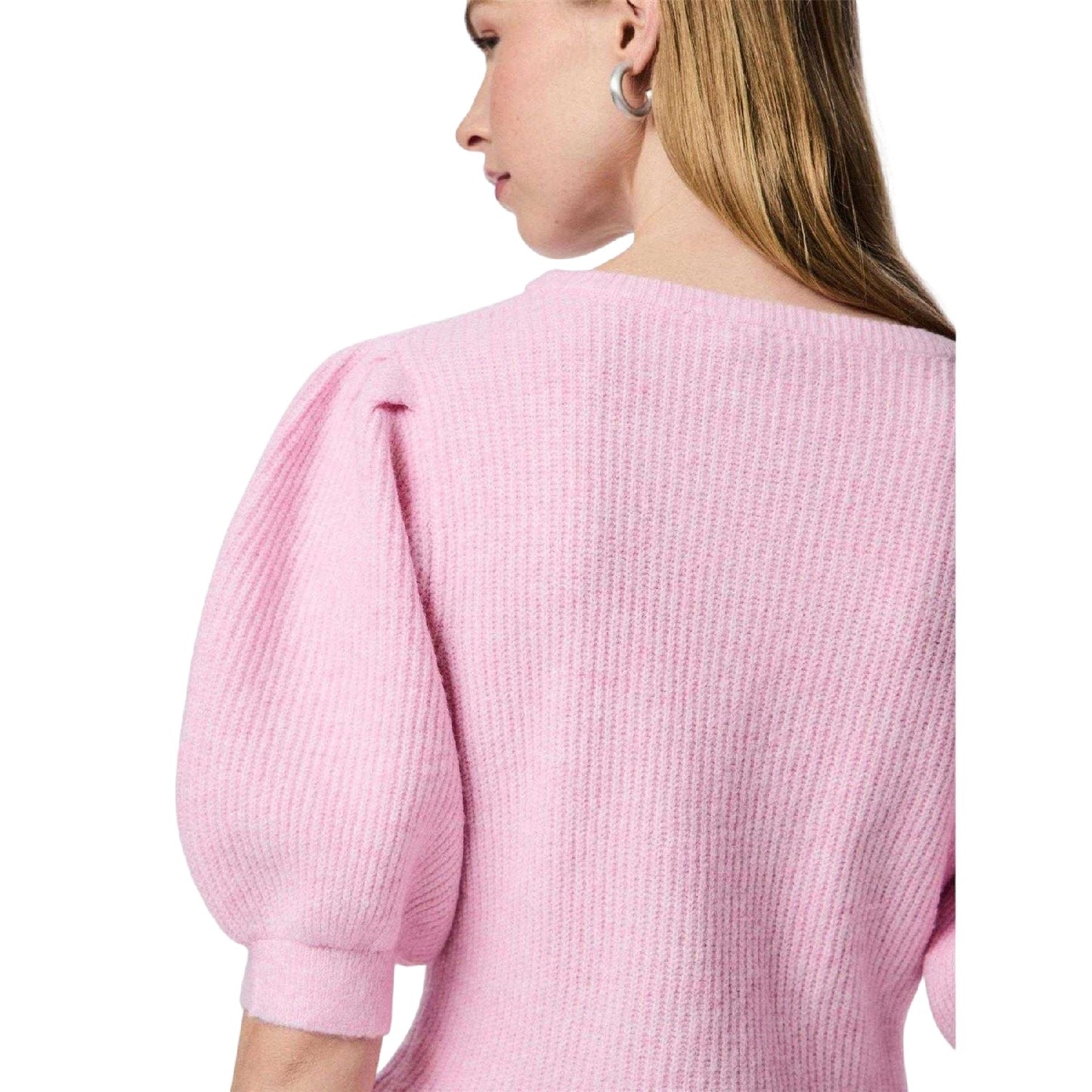 Pink - Side - Pieces Womens-Ladies Knitted Puff Sleeve Cardigan