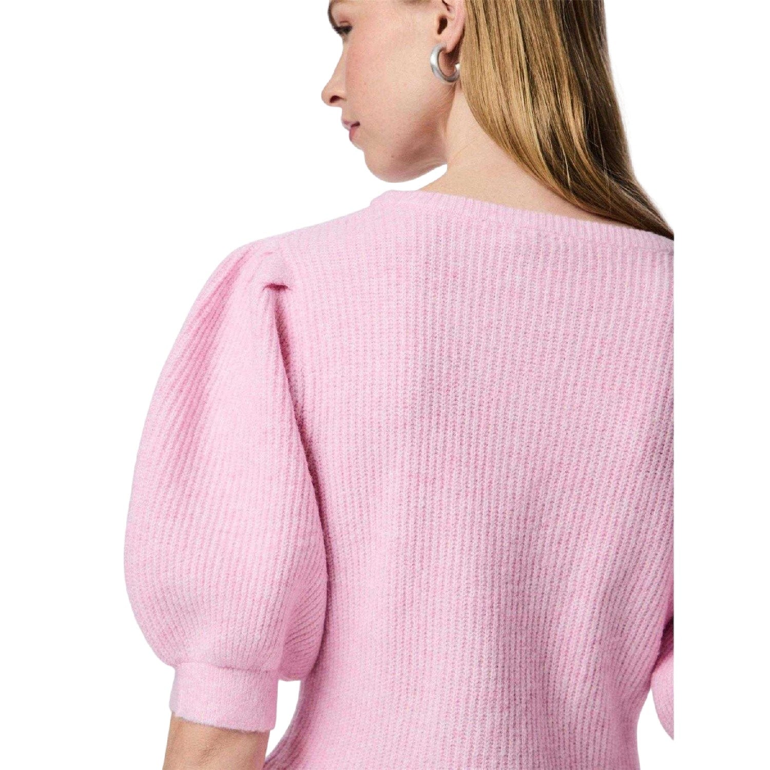 Pink - Side - Pieces Womens-Ladies Knitted Puff Sleeve Cardigan