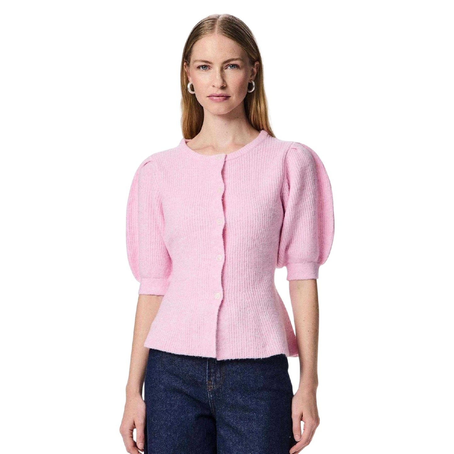 Pink - Lifestyle - Pieces Womens-Ladies Knitted Puff Sleeve Cardigan