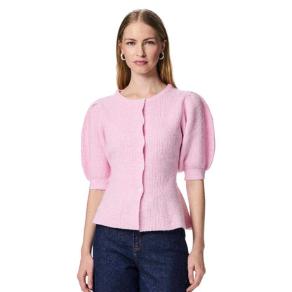 Pink - Lifestyle - Pieces Womens-Ladies Knitted Puff Sleeve Cardigan