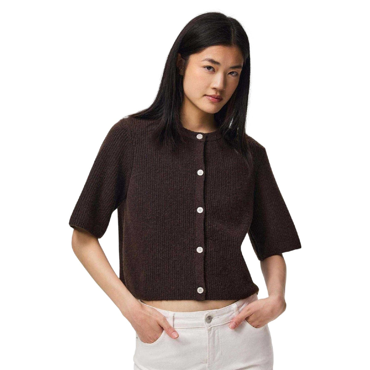 Hot Fudge - Side - Pieces Womens-Ladies Rib Knit Relaxed Fit Short-Sleeved Cardigan