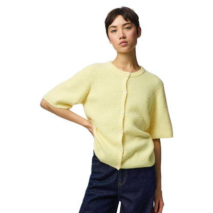 Pale Yellow - Side - Pieces Womens-Ladies Rib Knit Relaxed Fit Short-Sleeved Cardigan