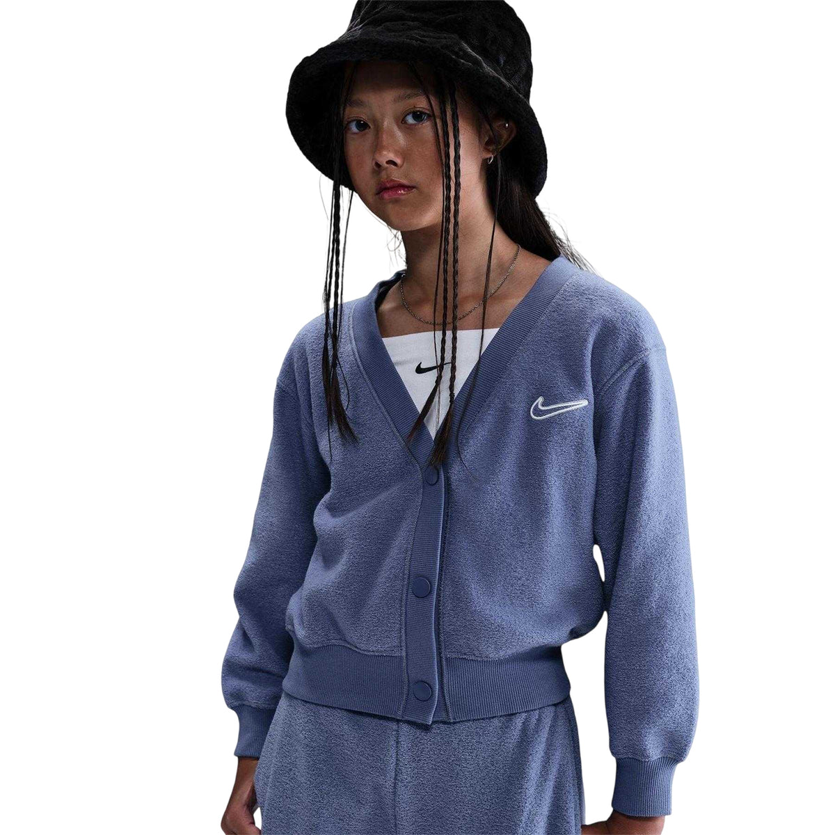 Indigo-White - Side - Nike Girls V Neck 3-4 Sleeve Cardigan