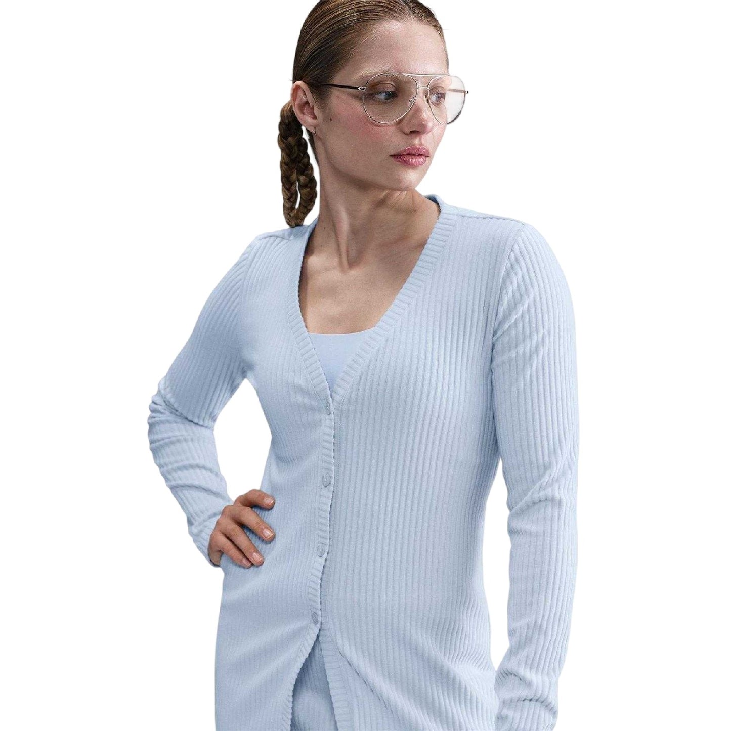 Blue Tint-Blue - Front - Nike Womens-Ladies Stitched Ribbed V Neck Cardigan