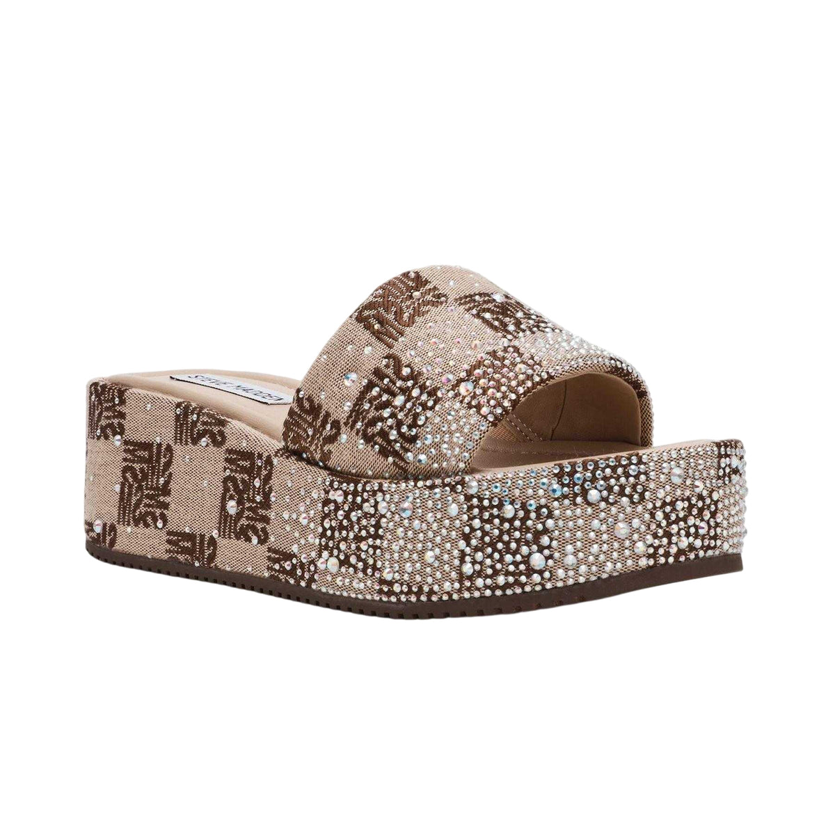 Brown - Side - Steve Madden Womens-Ladies Rhinestone Flatform Sandals