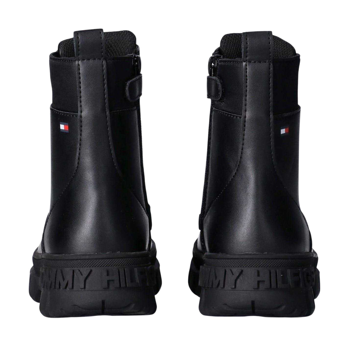Black - Back - Tommy Hilfiger Girls Leather Lace Up Zipped Biker Boots