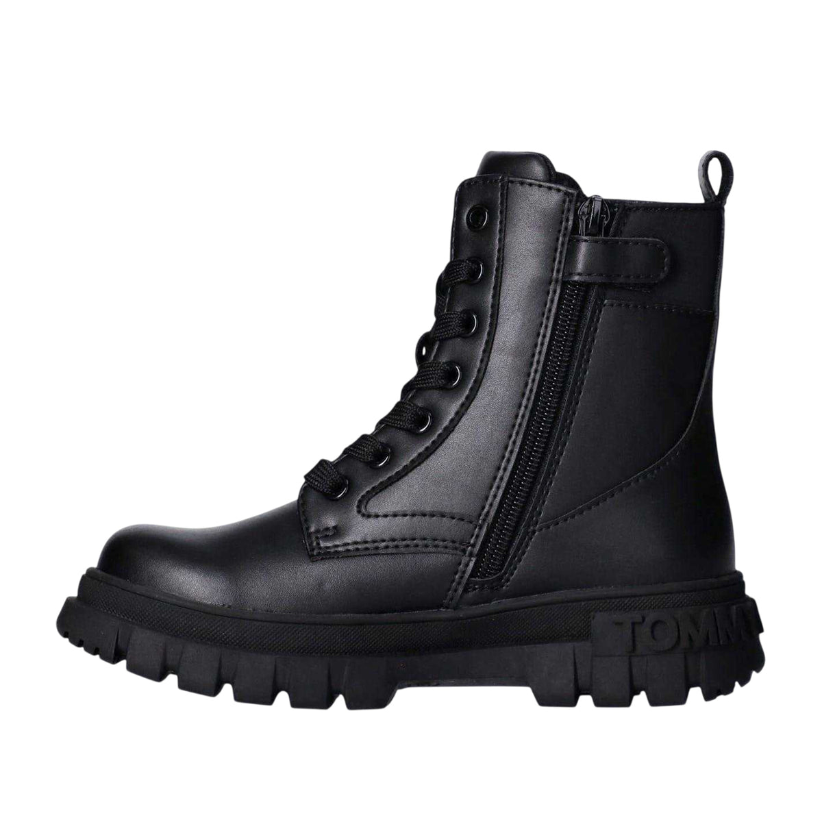 Black - Side - Tommy Hilfiger Girls Leather Lace Up Zipped Biker Boots