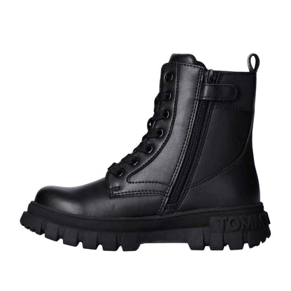 Black - Side - Tommy Hilfiger Girls Leather Lace Up Zipped Biker Boots