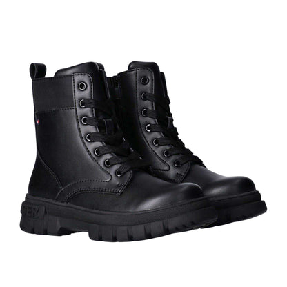 Black - Lifestyle - Tommy Hilfiger Girls Leather Lace Up Zipped Biker Boots