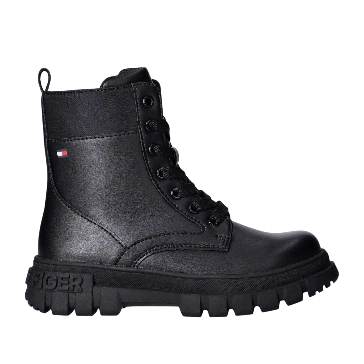 Black - Front - Tommy Hilfiger Girls Leather Lace Up Zipped Biker Boots
