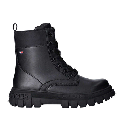 Black - Front - Tommy Hilfiger Girls Leather Lace Up Zipped Biker Boots