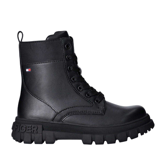 Black - Front - Tommy Hilfiger Womens-Ladies Leather Lace Up Zipped Biker Boots