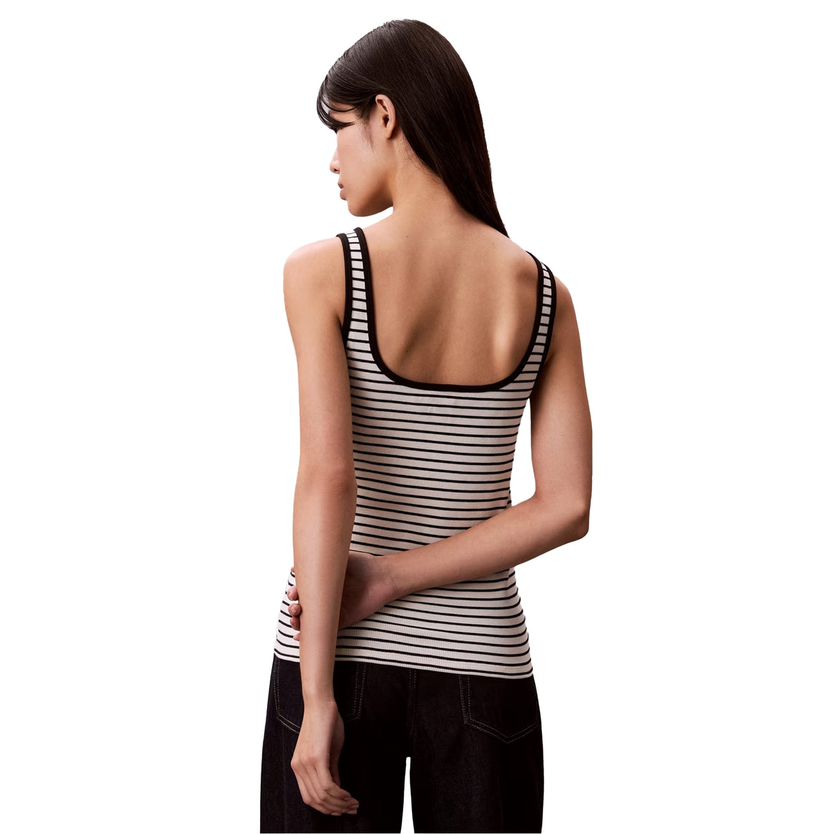 Black - Back - Calvin Klein Womens-Ladies Striped Ribbed Sleeveless Tank Top