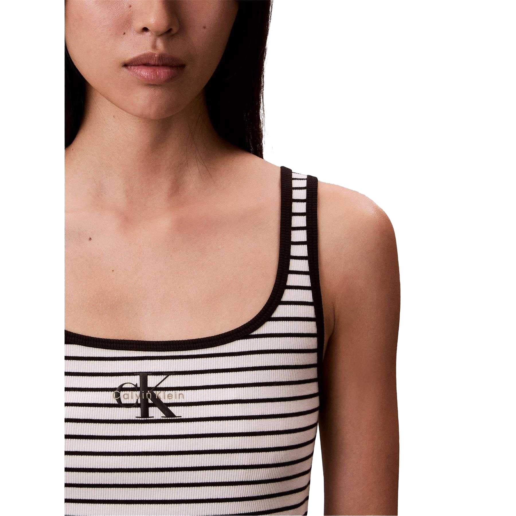 Black - Side - Calvin Klein Womens-Ladies Striped Ribbed Sleeveless Tank Top