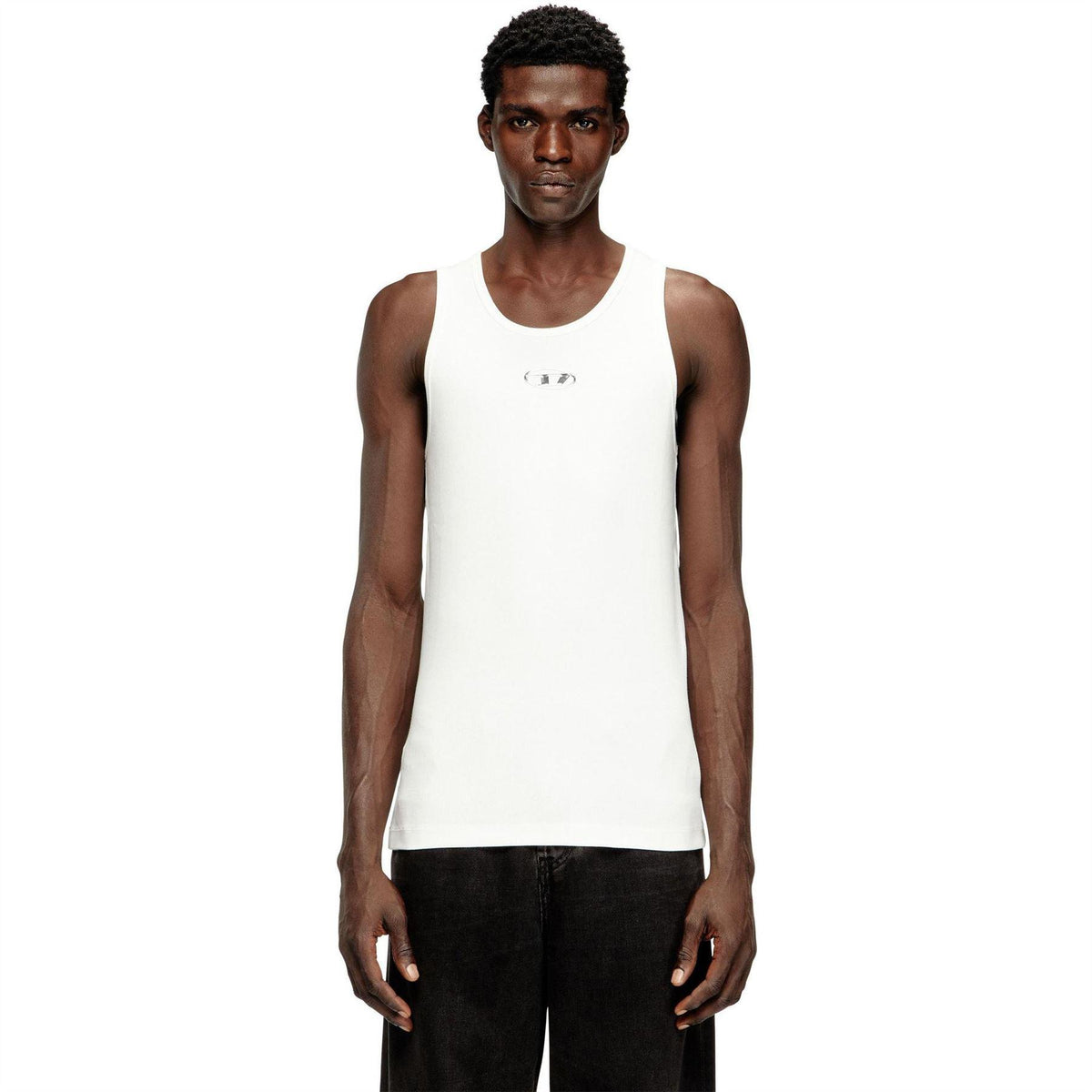 White - Front - Diesel Mens Logo Cotton Blend Tank Top