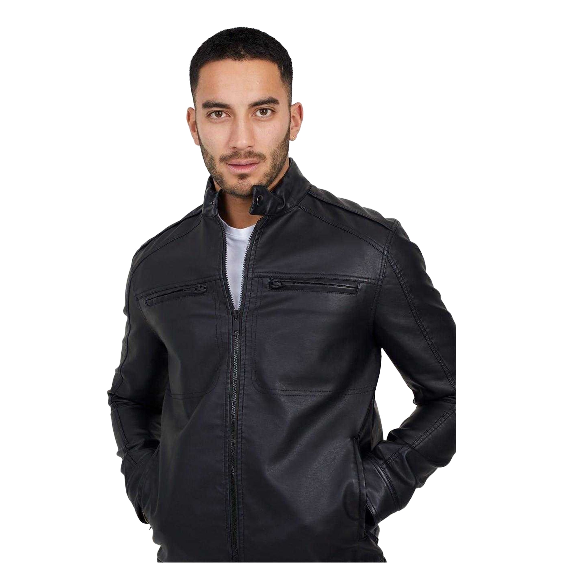 Black - Side - Brave Soul Mens Faux Leather Jacket