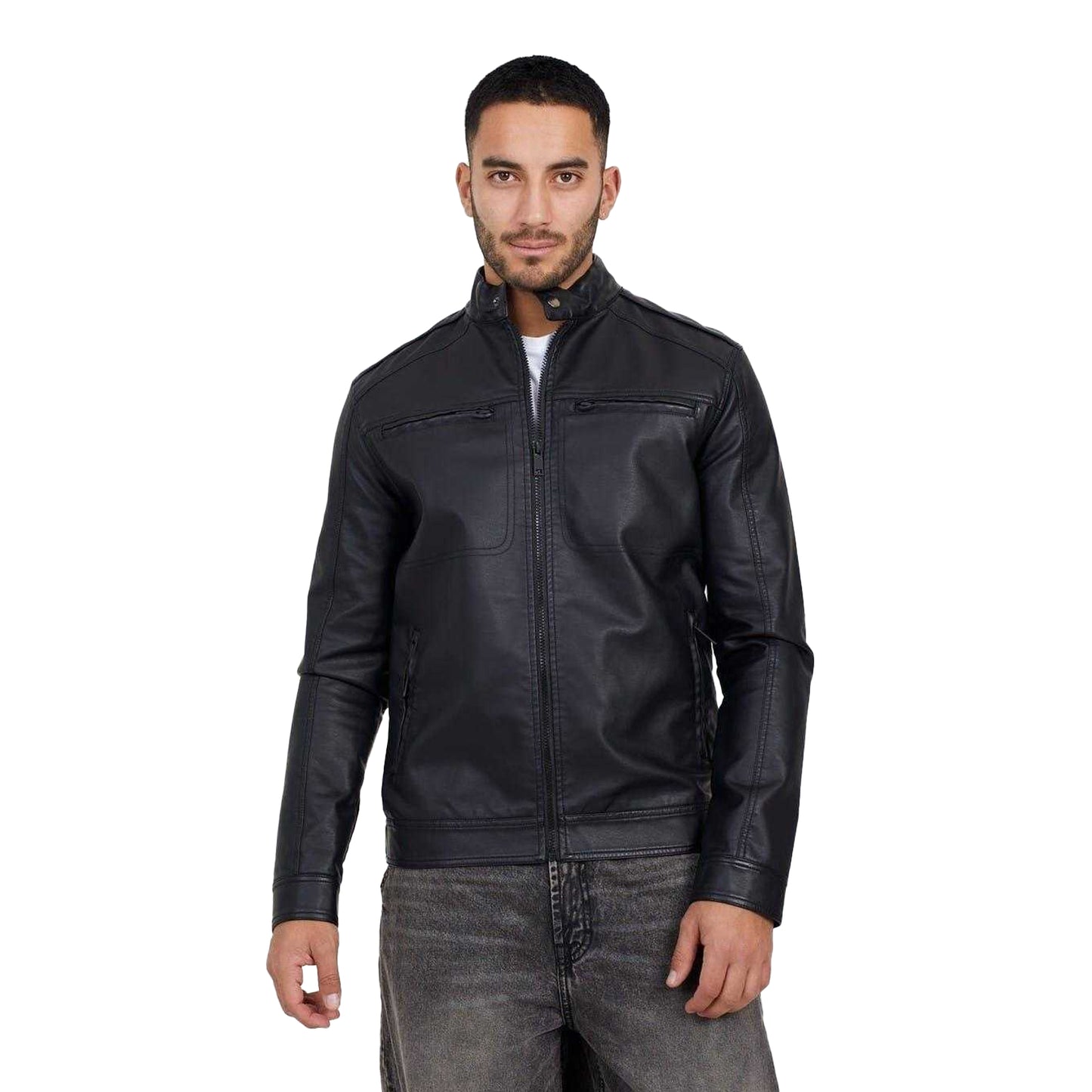 Black - Front - Brave Soul Mens Faux Leather Jacket